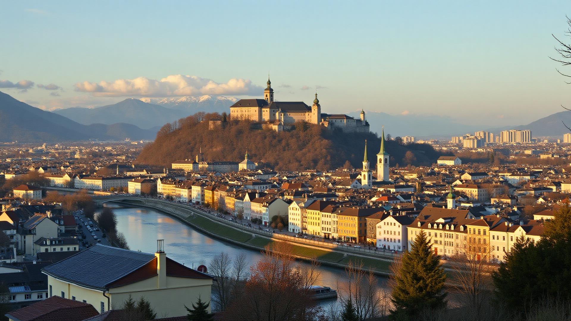 Salzburg scenic mountain landscape with historic architecture and alpine views